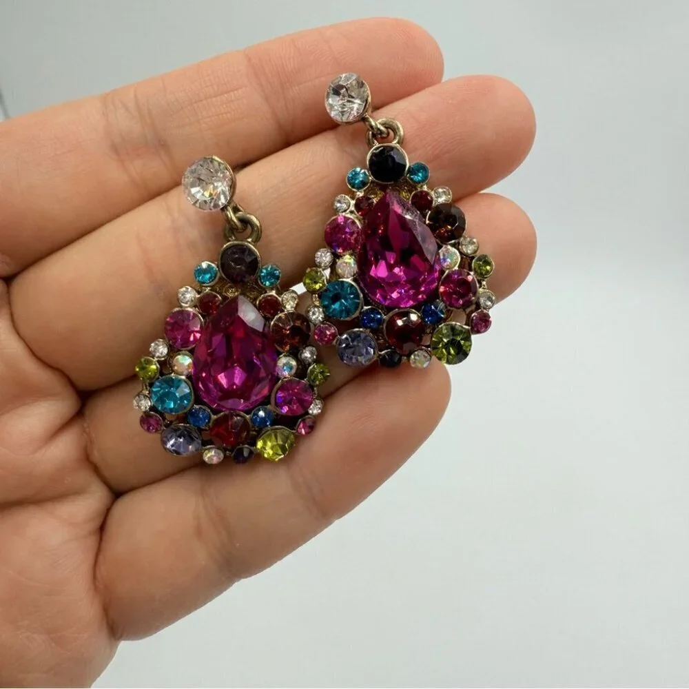 Multi Color Rhinestone Water Drop Earrings - Picture 1 of 5